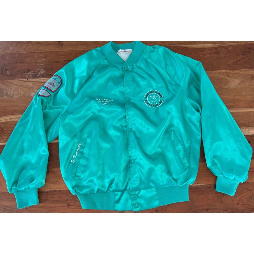 Vintage WestArk Bowling Jacket XL Teal Satin Bomber 1994 Champion Made in USA